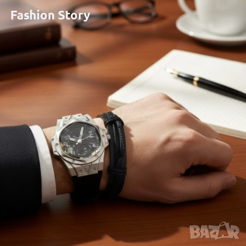 Мъжки подаръчен комплект – стилен часовник и черна гривна