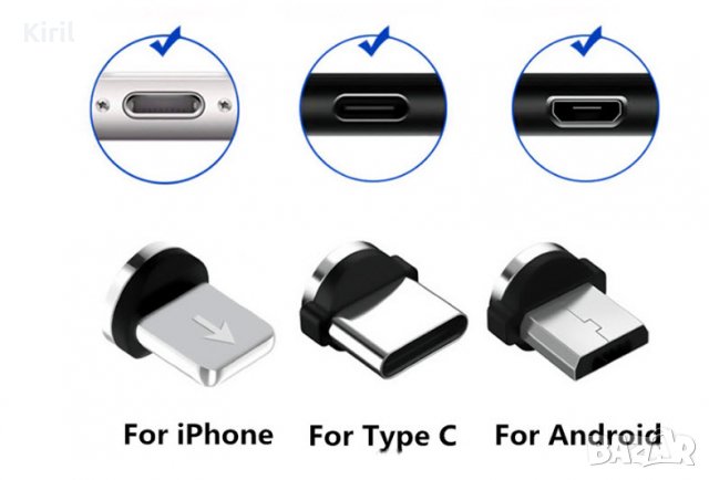 Магнитен кабел за зареждане на телефон iPhone, type C и Android, снимка 2 - USB кабели - 32884446