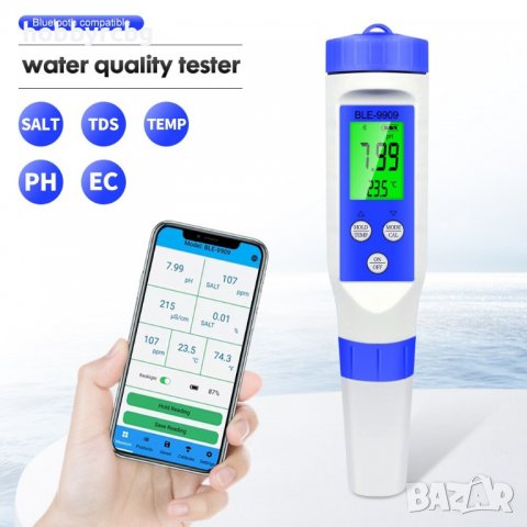 Tестер за измерване на pH, TDS, EC, соленост и температура, bluetooth