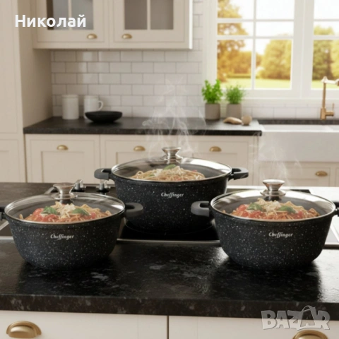 Комплект тенджери Cheffinger – 6 части с мраморно покритие, 20 / 24 / 28 см, снимка 2 - Съдове за готвене - 53115690