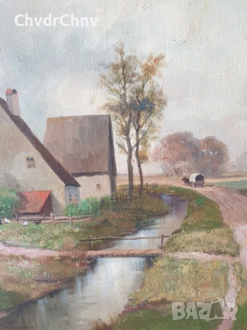 Krotter 77х67см/стара австрийска картина масло върху платно/пейзаж/къщи-река/дървена рамка, снимка 3 - Картини - 51217429