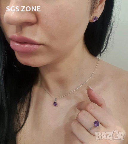 Сребърни обеци с естествен аметист., снимка 9 - Обеци - 52874985