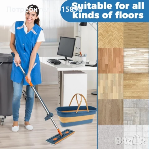 Комплект моп с 360° въртене и сгъваема кофа – Професионално и безконтактно почистване у дома, снимка 3 - Мопове, кофи, четки и метли - 50788848