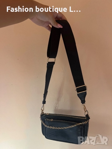 Дамска чанта за през рамо с черна крокодилска кожа и златен синджир с две отделения с ципове 🖤