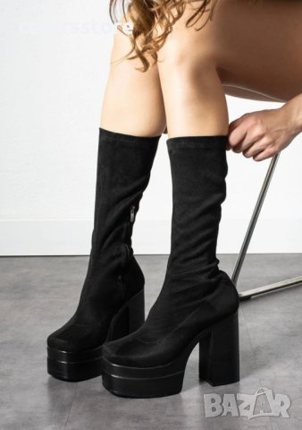 Ботуши на ток - черен велур с черно ходило - BN10, снимка 2 - Дамски ботуши - 31809777