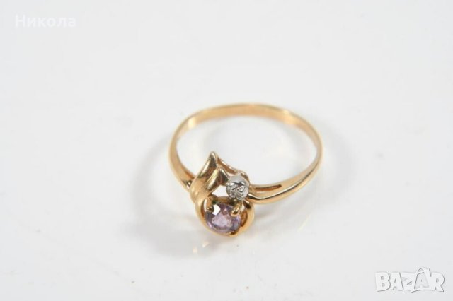 Стар златен пръстен - 10карата с  диамант и аметист, снимка 2 - Пръстени - 43361243