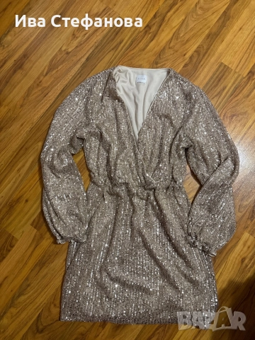  Нова парти коктейлна официална къса златна златиста рокля пайети паетена , снимка 6 - Рокли - 46576720