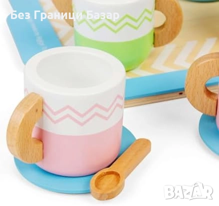 Нов Дървен комплект за чай с поднос 10 части играчка за деца 18 месеца, снимка 4 - Образователни игри - 51619055