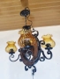 Красив полилей съчетание от дървено колело и елементи на ковано желязо, жълти стъкленици и розетка , снимка 7