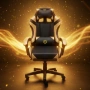 Геймърски стол с масажна функция, лумбална възглавница и поставка за крака – Черен-златист, снимка 7