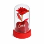 Светеща червена роза с червено сърце с надпис LOVE под прозрачен купол с LED светлини, снимка 1