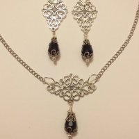 Разкошен Викториански комплект с Черни кристали и филигрирани орнаменти в цвят Сребро, снимка 4 - Бижутерийни комплекти - 28257261
