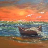 Морски залез лодка и чайки маслена картина , снимка 1 - Картини - 36380217