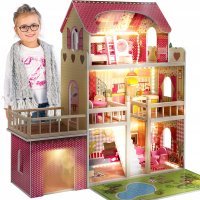 Дървена къща за кукли  Kinderplay Green GS0020 с Led светлини мебели 3 етажа къща за барби, снимка 1 - Кукли - 43408744