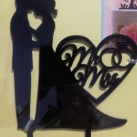 Целувка по чело Mr& Mrs в сърце двойка сватба черен твърд топер украса за торта, снимка 1 - Други - 26451697