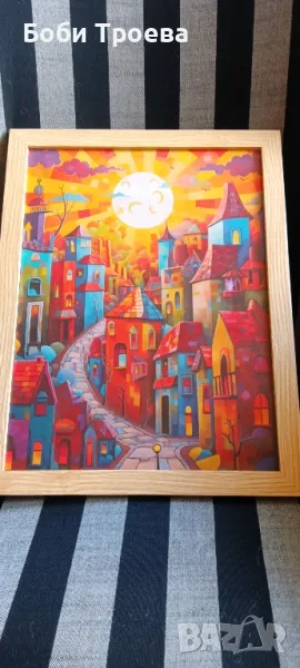 Ярка фантазийна селска сцена с цветни къщи и слънчев дизайн, снимка 1