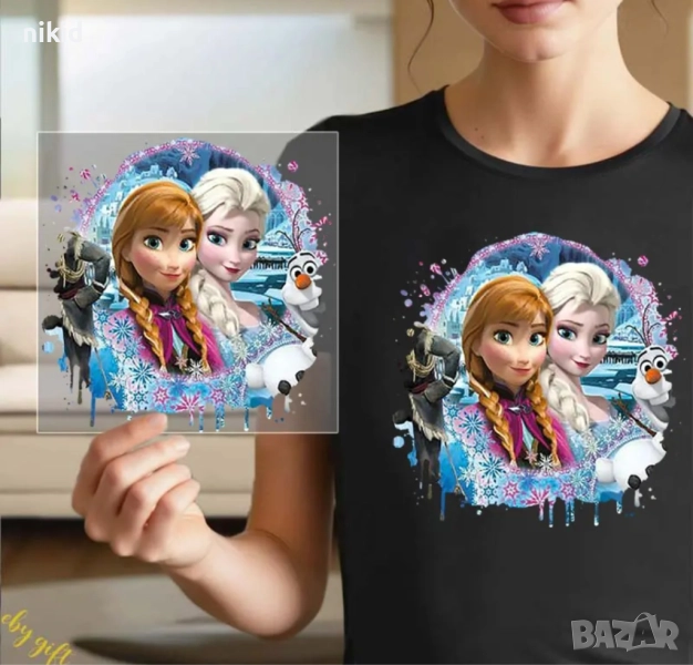 Елза Анна Олаф Frozen Замръзналото кралство кръг щампа термо апликация картинка за дреха блуза чанта, снимка 1