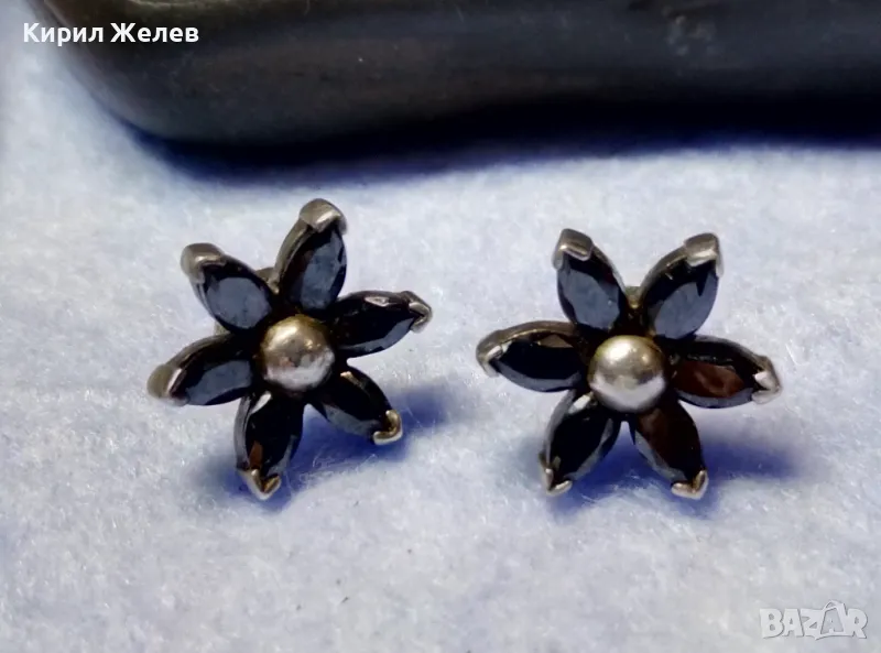 ФЛОРАЛНИ СКЪПОЦЕННИ СРЕБЪРНИ ОБЕЦИ МАРГАРИТКИ РОДИРАНО СРЕБРО 925 с ФАСЕТИРАН ЧЕРЕН ТУРМАЛИН 42320, снимка 1