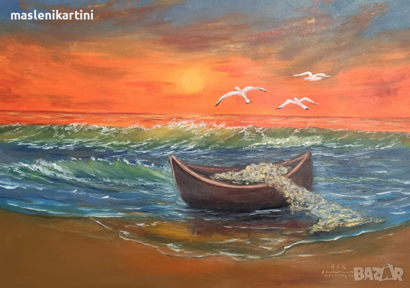 Морски залез лодка и чайки маслена картина , снимка 1