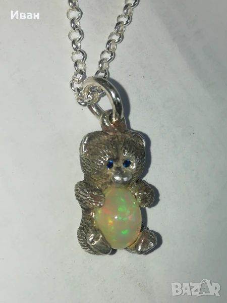 Сребърна висулка мече с опал, снимка 1