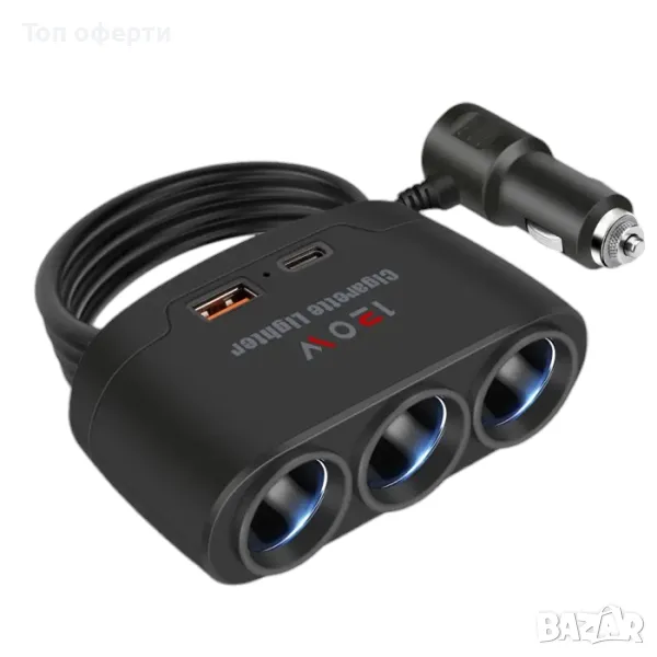 Адаптер за зареждане с 1 USB порта, 1 Type-C порт и 3 гнезда за запалкаs PG265, снимка 1