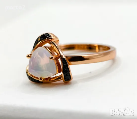 Сребърен 925 Пръстен, Розово Злато и Натурален Опал и Черни Шпинели!, снимка 6 - Пръстени - 48066153