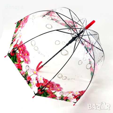2180 Дамски чадър за дъжд прозрачен с принт на цветя 80см диаметър, снимка 6 - Други - 43177686
