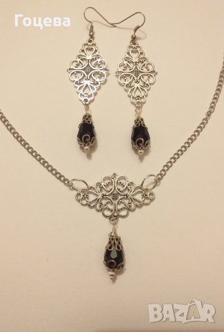 Разкошен Викториански комплект с Черни кристали и филигрирани орнаменти в цвят Сребро, снимка 4 - Бижутерийни комплекти - 28257261