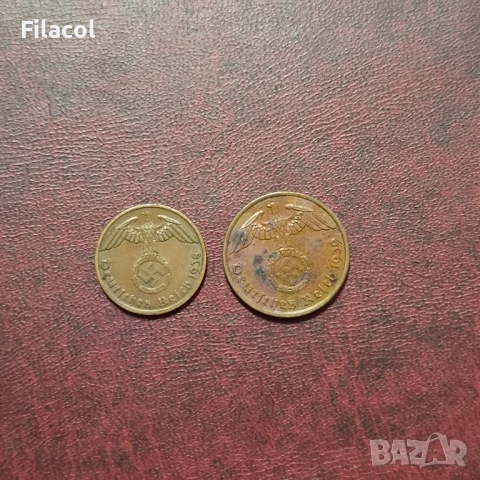 Германия Райх 1 и 2 пфенига 1939 МД 'A' - Берлин, снимка 2 - Нумизматика и бонистика - 52772590