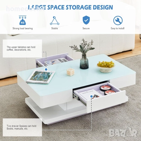 ПРОМОЦИЯ Холна маса в бяло с гланцово покритие, закалено стъкло 100 x 60 x 35 см C-BCT021WH, снимка 8 - Маси - 51616851