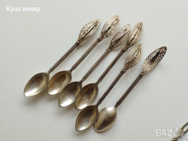   6 вилички СРЕБЪРНИ с филигранна дръжка проба 800, 6 лъжички посребрени,обаче филиграна е сребърен , снимка 2 - Антикварни и старинни предмети - 51413524