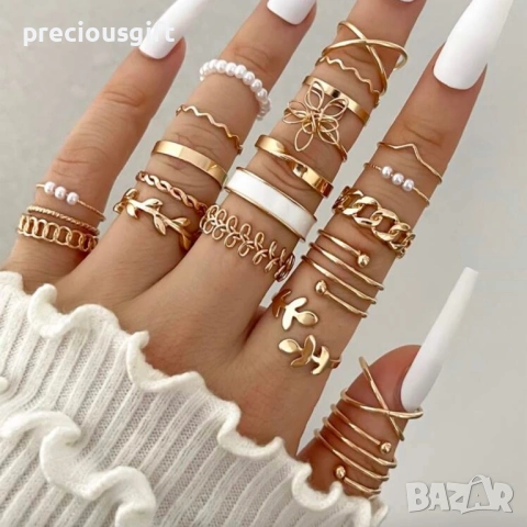Комплект бижута - 22 броя пръстени, налични в цвят сребро или злато, снимка 7 - Пръстени - 53071118