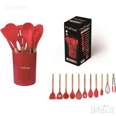 Комплект 12 части кухненски прибори със стойка–силиконови накрайници, дървени дръжки, снимка 7 - Прибори за хранене, готвене и сервиране - 53572991