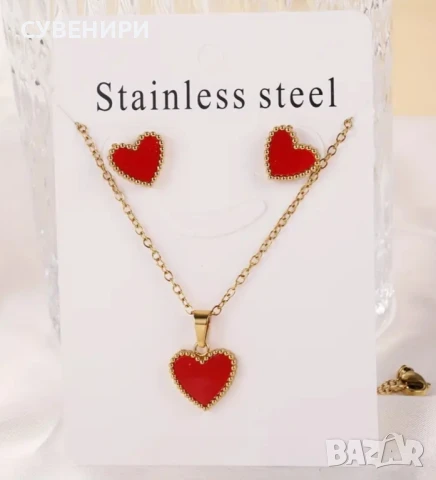 Комплект обеци и колие със сърце от неръждаема стомана 4 цвята, снимка 4 - Бижутерийни комплекти - 50558076