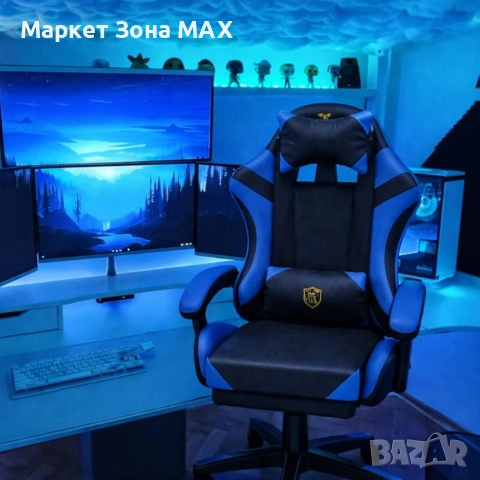 Ергономичен геймърски стол с масажна функция и поставка за крака – черно-син, снимка 9 - Геймърски - 53449194