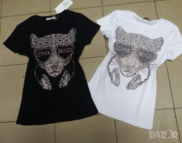 Тениска Party Cat със цветни камъни и надпис Listen Music, снимка 5 - Тениски - 33183296