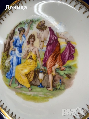 Трите грации, кобалт, позлата⚜️  MZ (Moritz Zdekauer)  Порцеланова чиния , снимка 4 - Чинии - 53156567