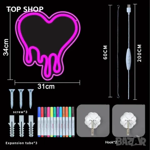 Неонов знак със сърце, розов LED знак със сърце, USB, димируем, с 12 цветни маркера, снимка 5 - Декорация за дома - 49522734