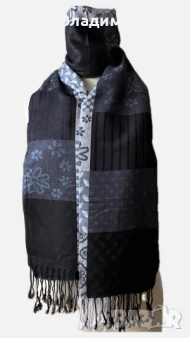 Кариран черно/ сив шал от 70 % пашмина и 30 % коприна, снимка 2 - Шалове - 49316151