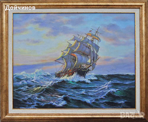 "Ноктюрно", морски пейзаж с платноход, картина, снимка 5 - Картини - 32552126