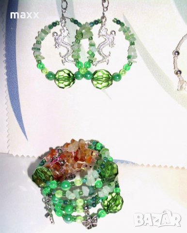 Гривна в смарагово зелено, ръчна изработка, снимка 7 - Гривни - 28412158