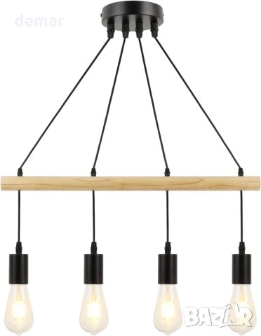 FORCOSO дървена висяща лампа (4 крушки), черна, регулируема, снимка 1 - Лампи за таван - 43412840