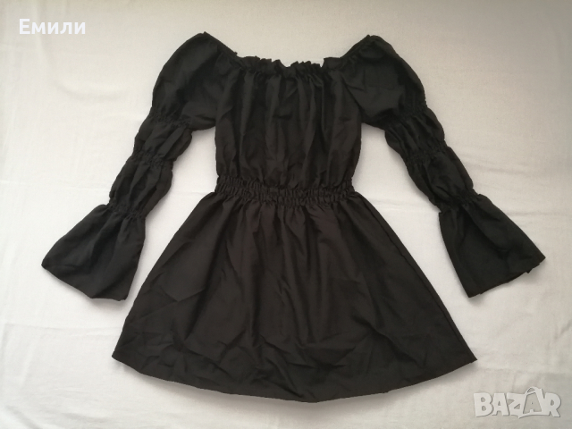 Дамска къса рокля с дълги буфан ръкави в черен цвят р-р S, снимка 4 - Рокли - 44863522