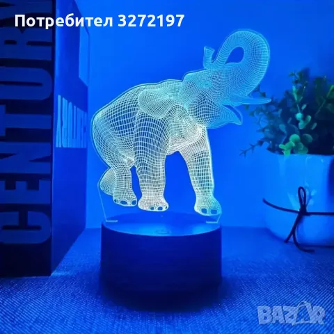 Холограмна 3D LED лампа Слон,RGB Седемцветен Интелигентен Контрол,USB