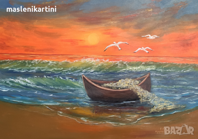 Морски залез лодка и чайки маслена картина 