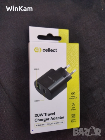 Универсално Зарядно - Cellect - Бързо зареждане - 20W с USB-A/USB-C, Черен