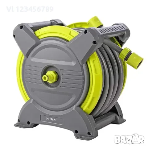 Макара за маркуч HERLY, Бързо навиване, включен маркуч 15м и конектори, размер 1/2, сиво зелен, снимка 1