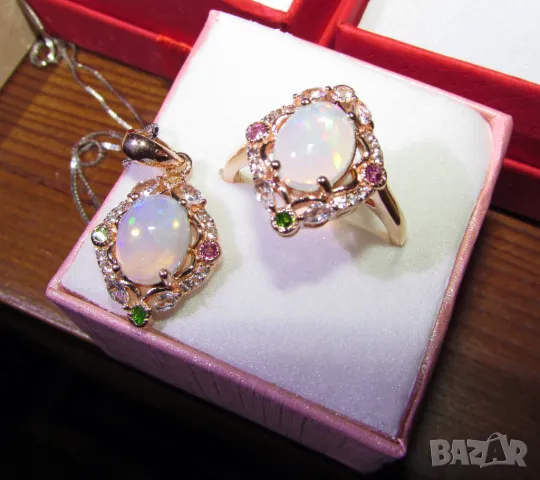 925 сребърен комплект с огнени опали пръстен и колие, подходящи за подарък, снимка 2 - Пръстени - 50072882