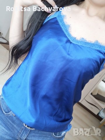 Син сатенен топ, S размер, снимка 7 - Корсети, бюстиета, топове - 28889597