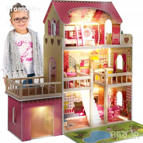 Дървена къща за кукли  Kinderplay Green GS0020 с Led светлини мебели 3 етажа къща за барби